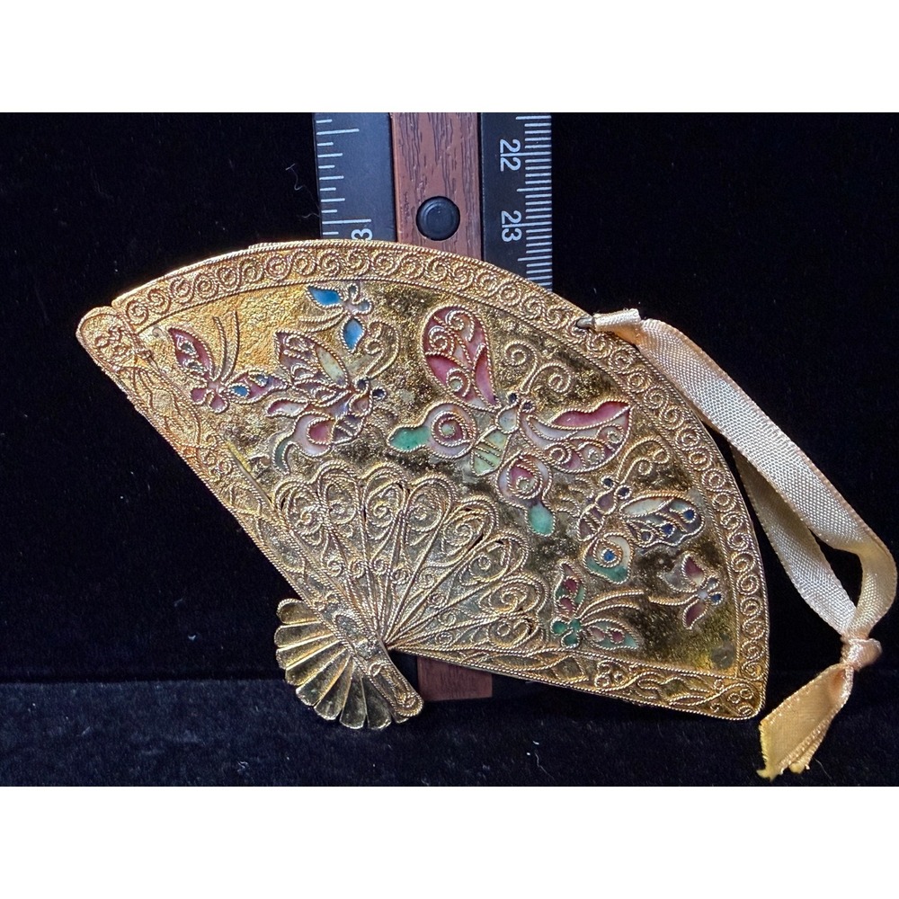 Vintage Gold Filigree Butterfly Fan Ornament Enamel Decorative Hanging Accent